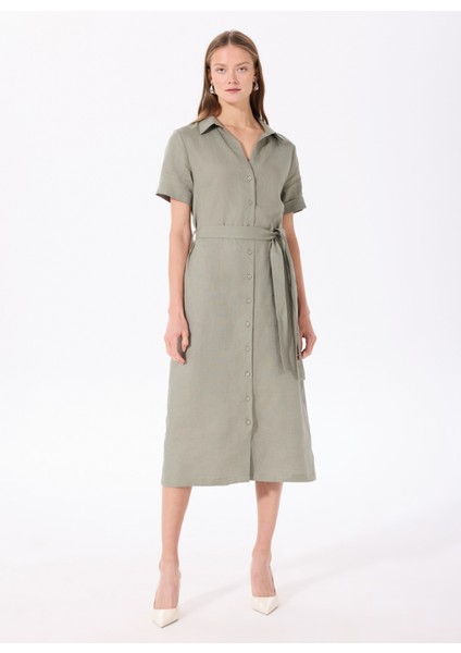 Gömlek Yaka Düz Haki Diz Altı Kadın Elbise FC5SL-ELB0141