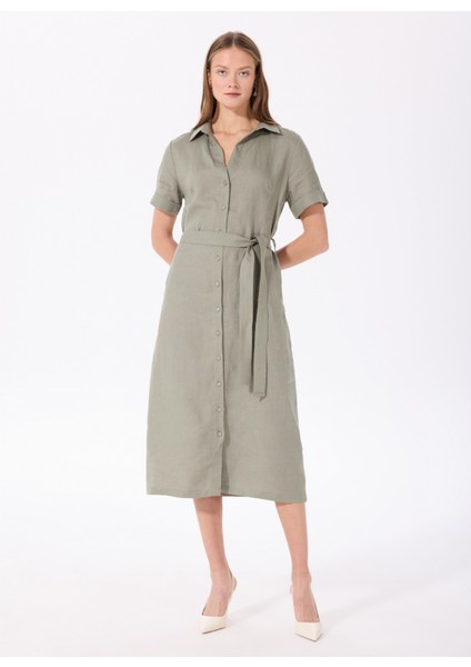 Gömlek Yaka Düz Haki Diz Altı Kadın Elbise FC5SL-ELB0141 fiyatları