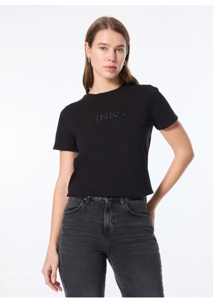 Yuvarlak Yaka Baskılı Siyah Kadın T-Shirt 101752-A227/Z99