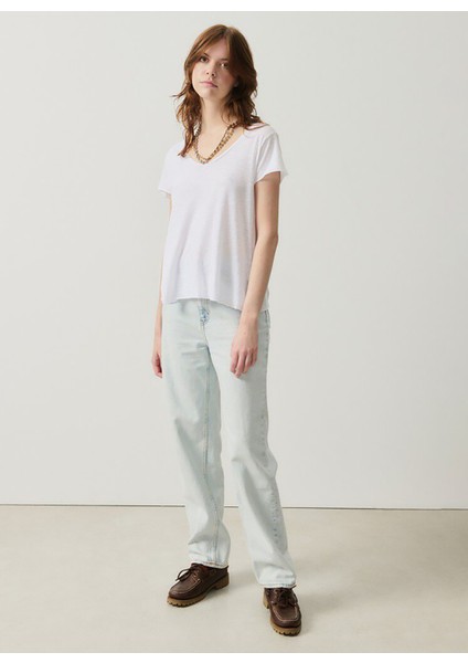 V Yaka Düz Beyaz Kadın T-Shirt JAC51E25_BLANC