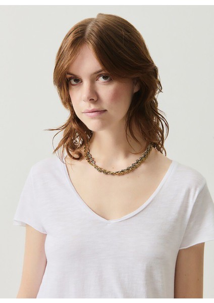 V Yaka Düz Beyaz Kadın T-Shirt JAC51E25_BLANC modelleri