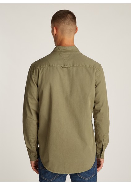 Regular Fit Yeşil Düz Erkek Gömlek DM0DM21107M12 Tjm Reg Washed Twıll fırsatları