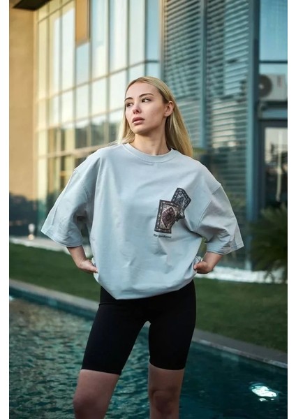 Bisiklet Yaka Baskılı Oversize Thirt Boyalı Gri