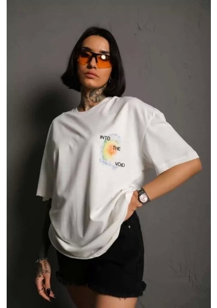 Unisex Bisiklet Yaka Baskılı Oversize Thirt Beyaz