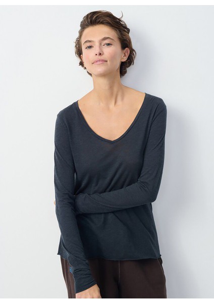 V Yaka Düz Lacivert Kadın T-Shirt JAC52E25_NAVY