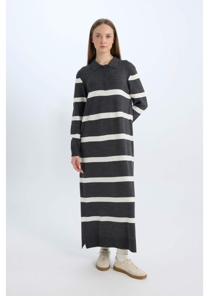 Regular Fit Polo Yaka Düğmeli Çizgili Uzun Kollu Maxi Elbise D6523AXNS
