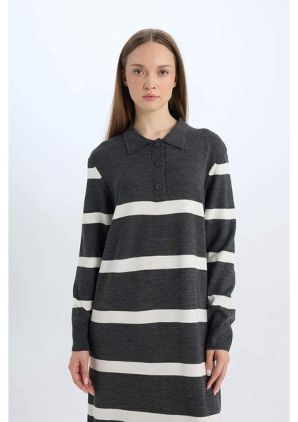 Regular Fit Polo Yaka Düğmeli Çizgili Uzun Kollu Maxi Elbise D6523AXNS modelleri