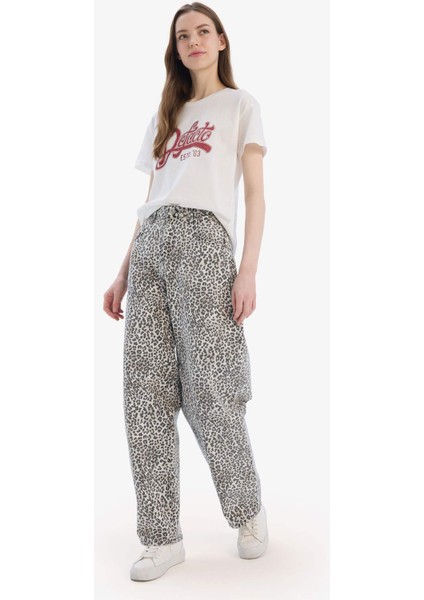 Baggy Fit Gabardin Pantolon Yüksek Bel Leopar Desenli Standart Boy D8149AX25SP modelleri