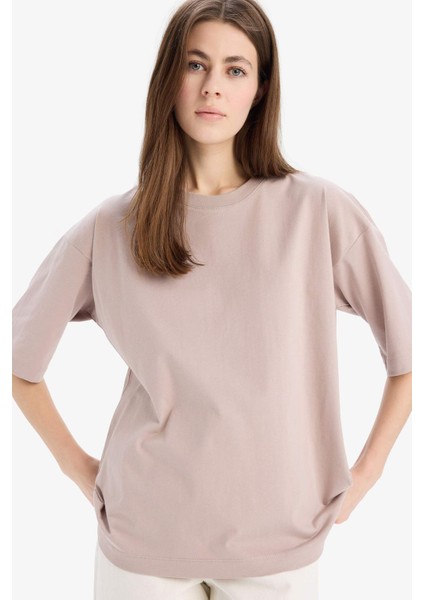 Oversize Geniş Kalıp Bisiklet Yaka Basic Düz Penye Kısa Kollu Tişört C0099AX25SP