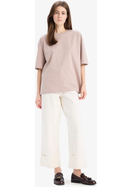 Oversize Geniş Kalıp Bisiklet Yaka Basic Düz Penye Kısa Kollu Tişört C0099AX25SP