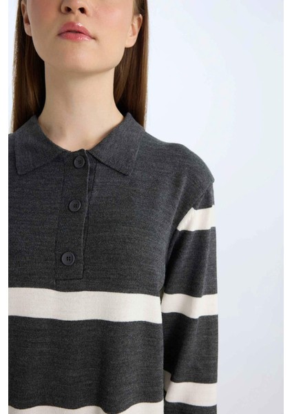 Regular Fit Polo Yaka Düğmeli Çizgili Uzun Kollu Maxi Elbise D6523AXNS fırsatları