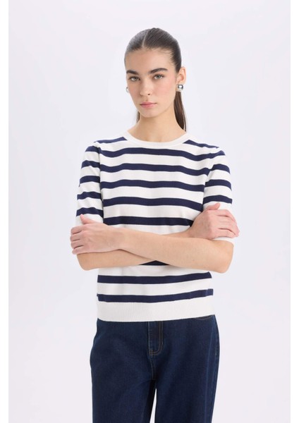 Regular Fit Çizgili Bisiklet Yaka Kısa Kollu Kazak D6271AX25SM