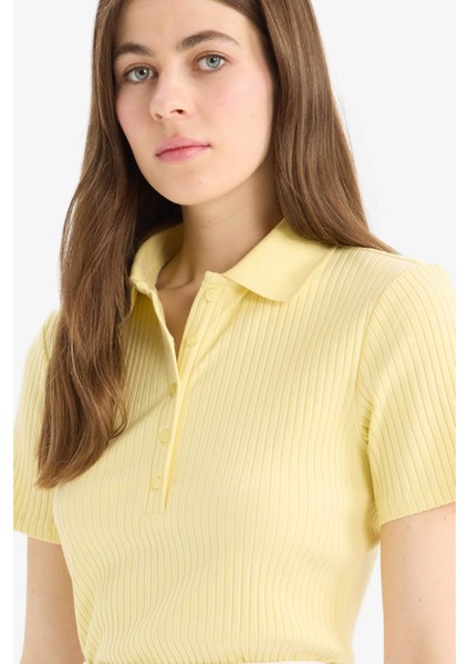 Slim Fit Dar Kesim Fitilli Kaşkorse Kısa Kollu Polo Sarı Tişört E6577AX25SP