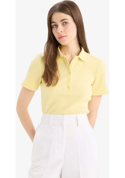 Slim Fit Dar Kesim Fitilli Kaşkorse Kısa Kollu Polo Sarı Tişört E6577AX25SP