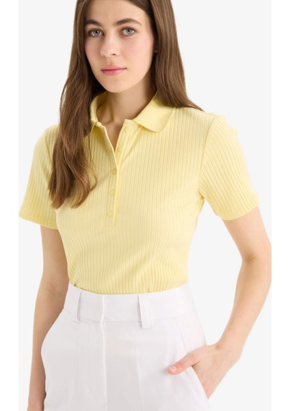 Slim Fit Dar Kesim Fitilli Kaşkorse Kısa Kollu Polo Sarı Tişört E6577AX25SP