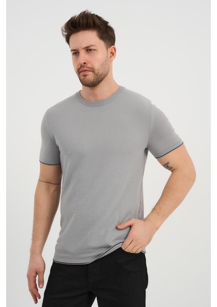 Bisiklet Yaka Kolları Şeritli Triko T-Shirt (1243)