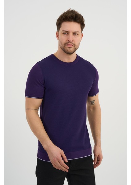 Bisiklet Yaka Kolları Şeritli Triko T-Shirt (1243)