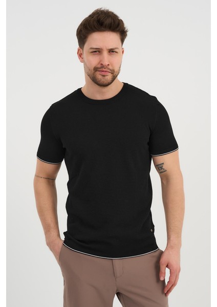 Bisiklet Yaka Kolları Şeritli Triko T-Shirt (1243)