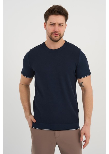 Bisiklet Yaka Kolları Şeritli Triko T-Shirt (1243)