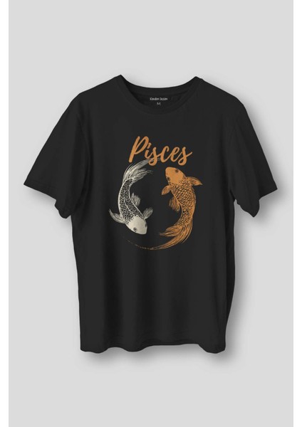 Pisces Fish Balık Burcu Şubat Mart Doğum Günü Astroloji Baskılı Siyah Unisex T-Shirt