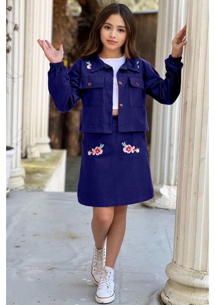 Kız Çocuk Omuzlarında Çiçek Işlemeli Ceket Croplu Gabardin Lacivert Etekli Takım fiyatları