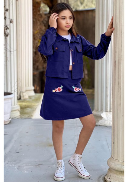 Kız Çocuk Omuzlarında Çiçek Işlemeli Ceket Croplu Gabardin Lacivert Etekli Takım modelleri