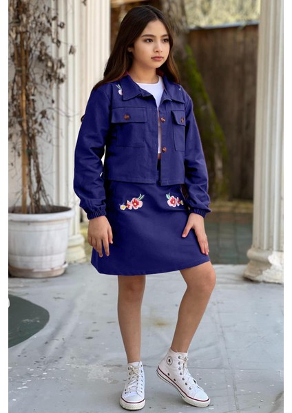 Kız Çocuk Omuzlarında Çiçek Işlemeli Ceket Croplu Gabardin Lacivert Etekli Takım fırsatları
