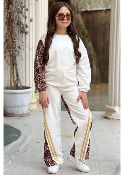 Kız Çocuk Kolları ve Paçaları Leopar Desen, Gold Şerit Detaylı Beyaz Eşofman Takım
