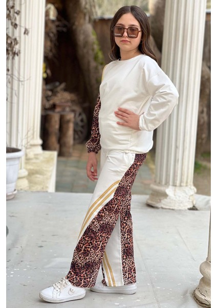 Kız Çocuk Kolları ve Paçaları Leopar Desen, Gold Şerit Detaylı Beyaz Eşofman Takım fiyatları