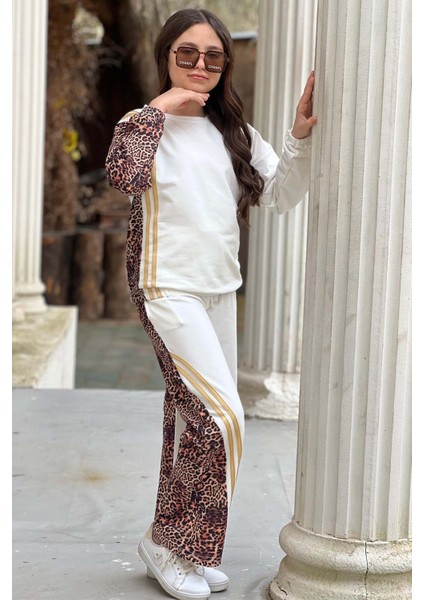 Kız Çocuk Kolları ve Paçaları Leopar Desen, Gold Şerit Detaylı Beyaz Eşofman Takım modelleri