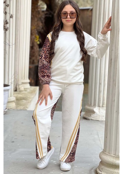 Kız Çocuk Kolları ve Paçaları Leopar Desen, Gold Şerit Detaylı Beyaz Eşofman Takım fırsatları