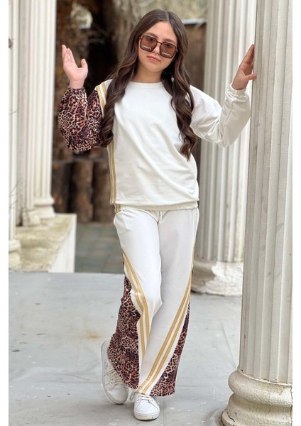 Kız Çocuk Kolları ve Paçaları Leopar Desen, Gold Şerit Detaylı Beyaz Eşofman Takım indirimleri