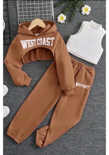 Kız Çocuk Kolsuz Bluz West Coast Baskı Kapüşonlu Crop Kaşkorse 3'lü Kahverengi Eşofman Takım