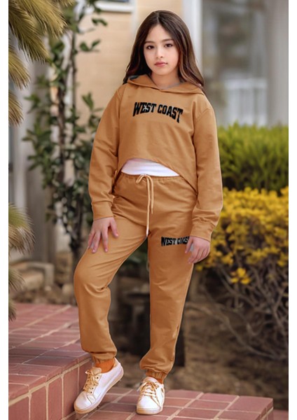 Kız Çocuk Kolsuz Bluz West Coast Baskı Kapüşonlu Crop Kaşkorse 3'lü Kahverengi Eşofman Takım