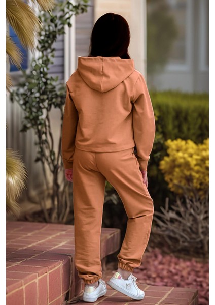Kız Çocuk Kolsuz Bluz West Coast Baskı Kapüşonlu Crop Kaşkorse 3'lü Kahverengi Eşofman Takım