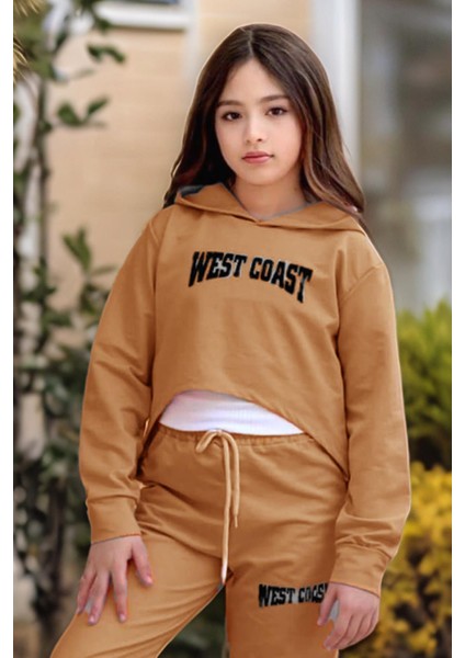 Kız Çocuk Kolsuz Bluz West Coast Baskı Kapüşonlu Crop Kaşkorse 3'lü Kahverengi Eşofman Takım