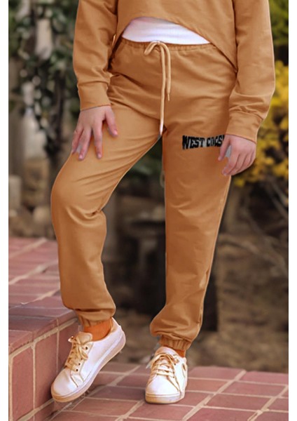 Kız Çocuk Kolsuz Bluz West Coast Baskı Kapüşonlu Crop Kaşkorse 3'lü Kahverengi Eşofman Takım