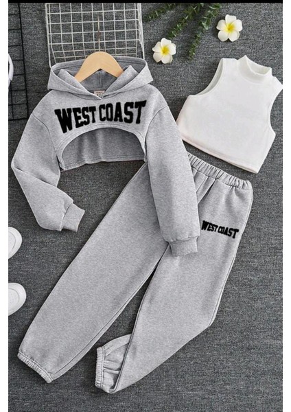 Kız Çocuk Kolsuz Bluz West Coast Baskı Kapüşonlu Crop Kaşkorse 3'lü Gri Eşofman Takım