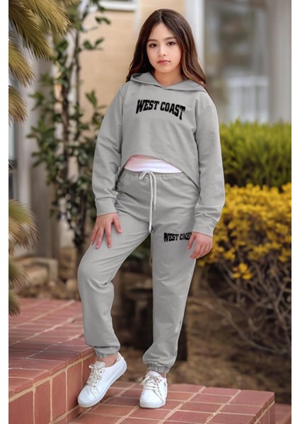 Kız Çocuk Kolsuz Bluz West Coast Baskı Kapüşonlu Crop Kaşkorse 3'lü Gri Eşofman Takım