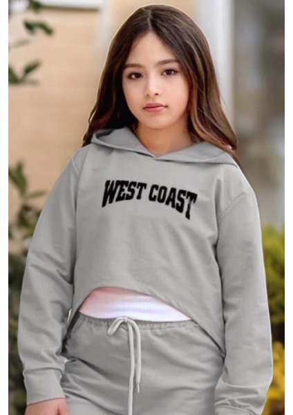 Kız Çocuk Kolsuz Bluz West Coast Baskı Kapüşonlu Crop Kaşkorse 3'lü Gri Eşofman Takım