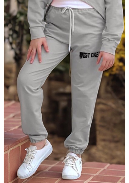 Kız Çocuk Kolsuz Bluz West Coast Baskı Kapüşonlu Crop Kaşkorse 3'lü Gri Eşofman Takım