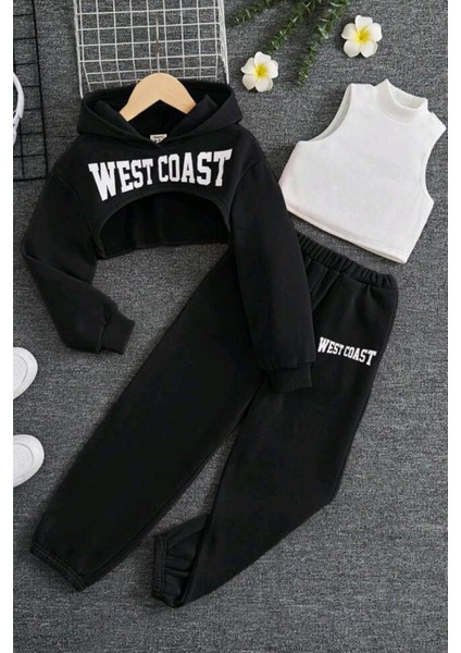 Kız Çocuk Kolsuz Bluz West Coast Baskı Kapüşonlu Crop Kaşkorse 3'lü Siyah Eşofman Takım