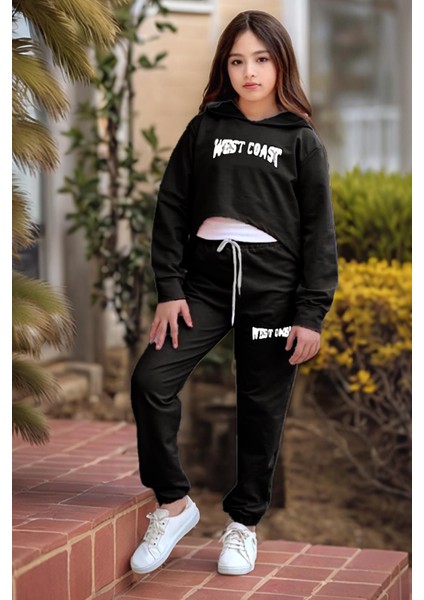 Kız Çocuk Kolsuz Bluz West Coast Baskı Kapüşonlu Crop Kaşkorse 3'lü Siyah Eşofman Takım