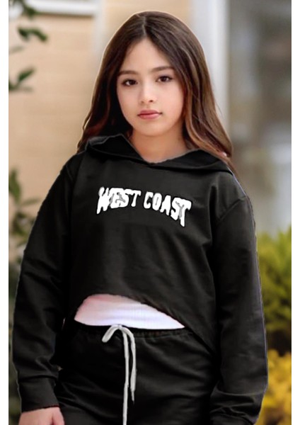 Kız Çocuk Kolsuz Bluz West Coast Baskı Kapüşonlu Crop Kaşkorse 3'lü Siyah Eşofman Takım