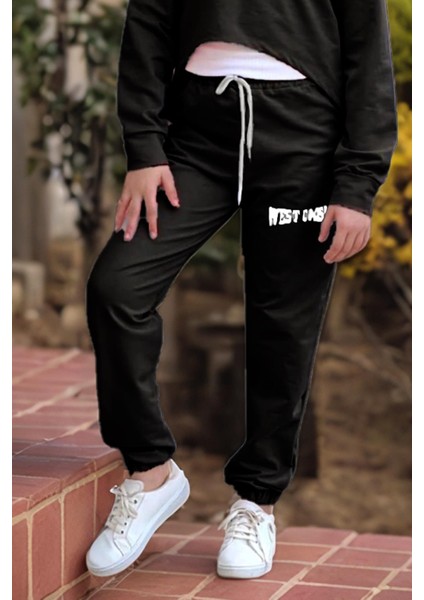 Kız Çocuk Kolsuz Bluz West Coast Baskı Kapüşonlu Crop Kaşkorse 3'lü Siyah Eşofman Takım