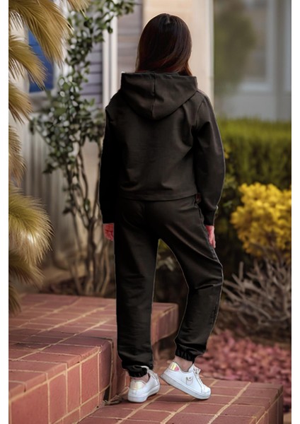 Kız Çocuk Kolsuz Bluz West Coast Baskı Kapüşonlu Crop Kaşkorse 3'lü Siyah Eşofman Takım modelleri