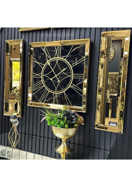 Mermer- 3'lü Gold Ayna Duvar Saati ve Yan Ayna Seti