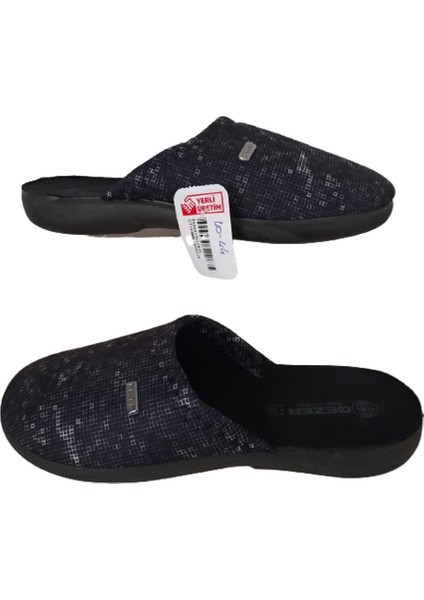 Erkek Siyah-Gri Desenli Ortopedik Taban Ev İçi Günlük Terlik
