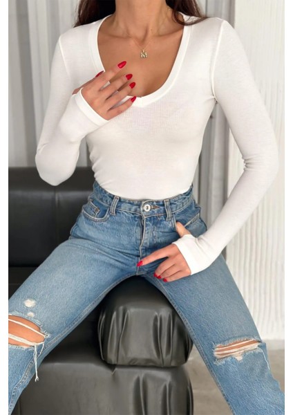 Kadın V Yaka Parmak Geçme Detaylı Oyso Modal Kumas Bluz fırsatları