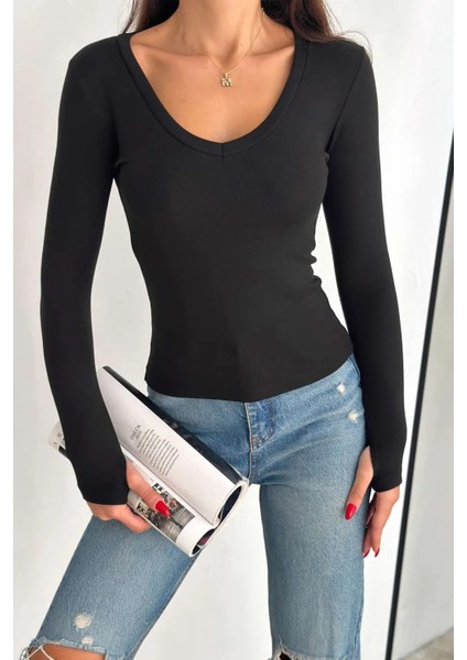 Kadın V Yaka Parmak Geçme Detaylı Oyso Modal Kumas Bluz fırsatları